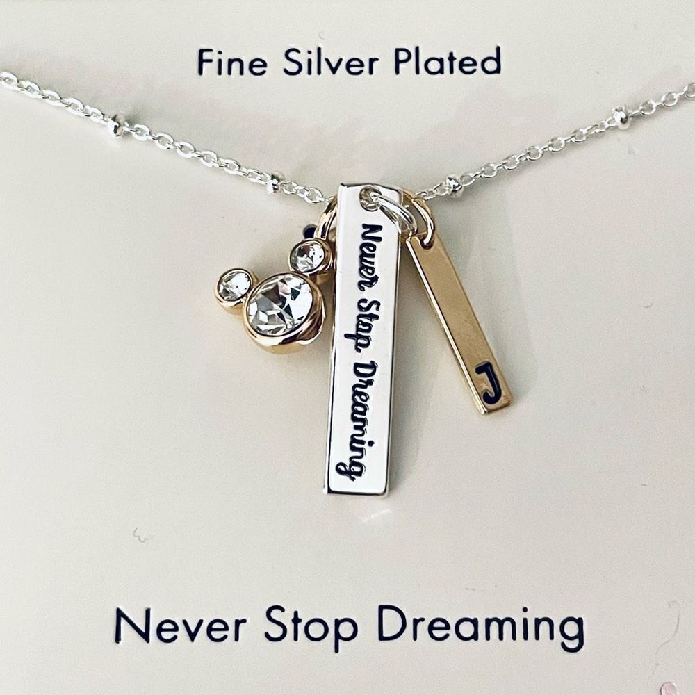 NWT Disney Never Stop Dreaming J initial 3 Charmed Fine Silver Pleated Necklace